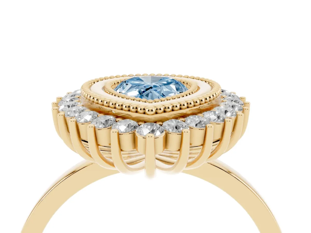 Fancy Blue Pear Cut Halo Diamond Ring with Milgrain Edge and Round Prong Setting Yellow gold