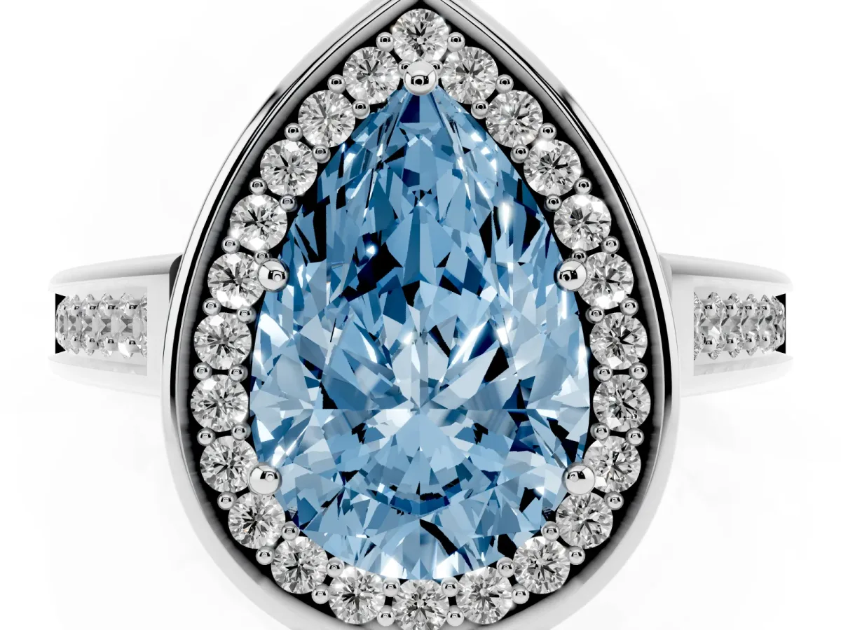 Fancy Blue Pear Cut Halo Solitaire Diamond Ring with Pave Band and Bezel Setting Silver