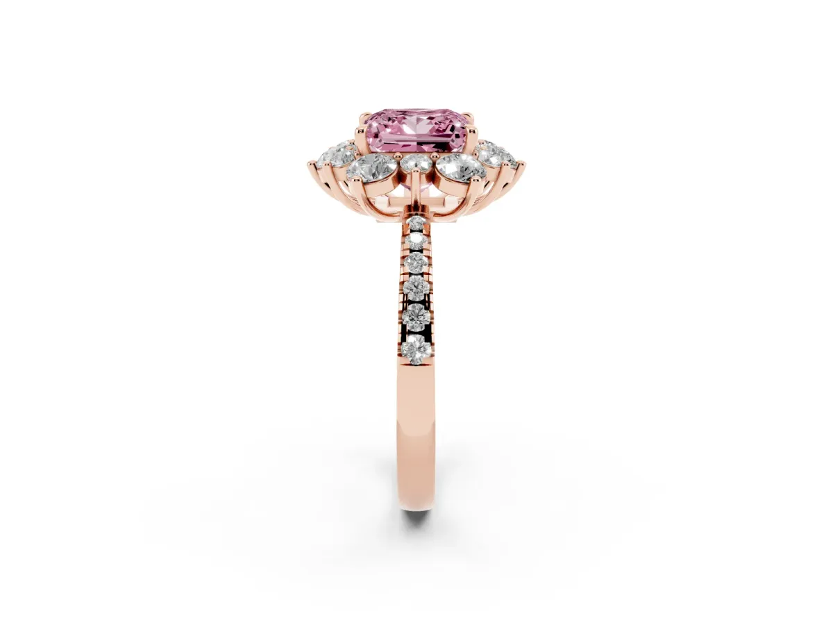Fancy Pink Princess Cut Diamond Floral Halo Ring with Round Pavé Band and Prong Setting Rose gold