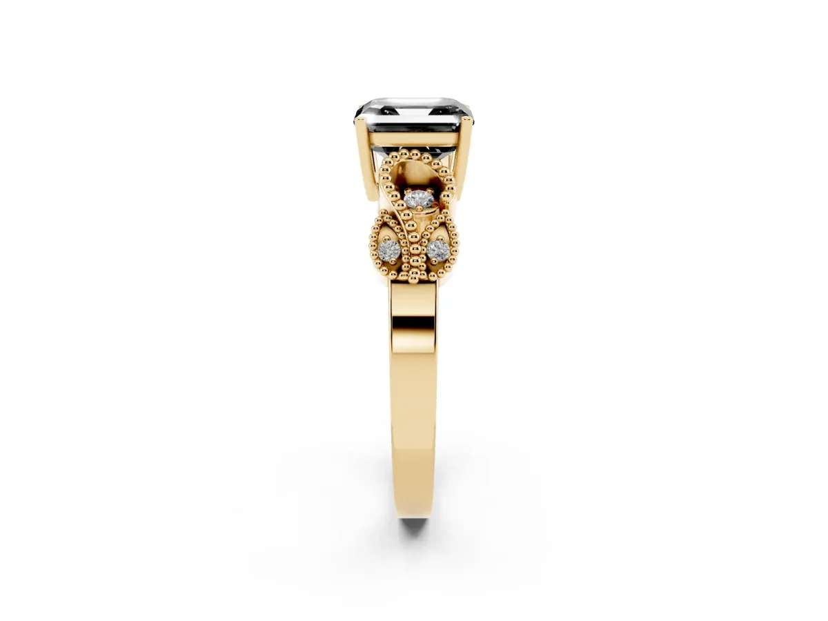 Fancy Black Asscher Cut Solitaire Milgrain Leaf Band with Prong Setting Yellow gold