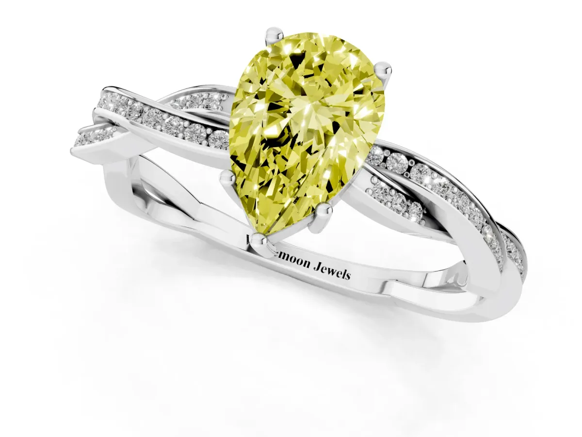 Fancy Yellow Pear Cut Solitaire Twisted Pave Diamond Ring with Four-Prong Setting Silver