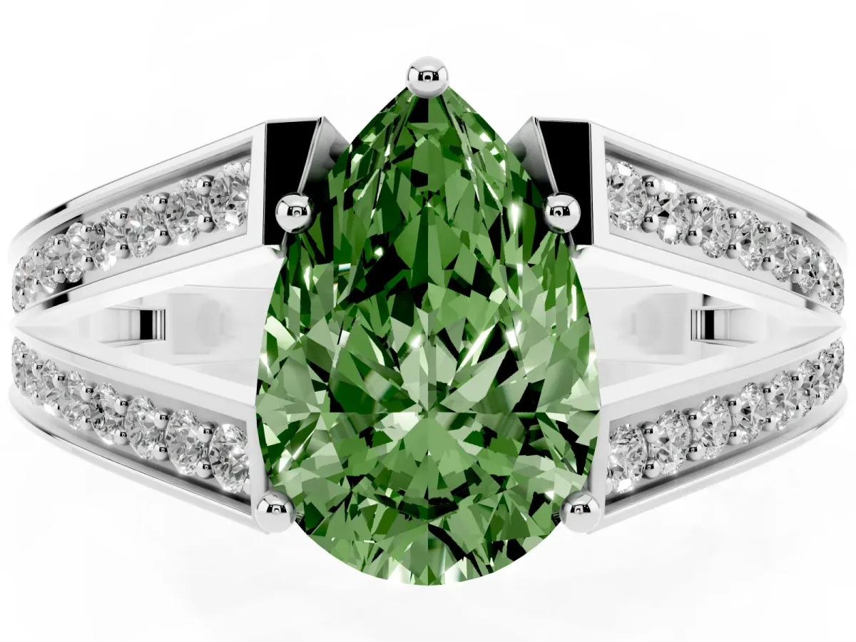Fancy Green Pear Cut Diamond Split Shank Ring with Pavé Band and Four-Prong Setting Silver