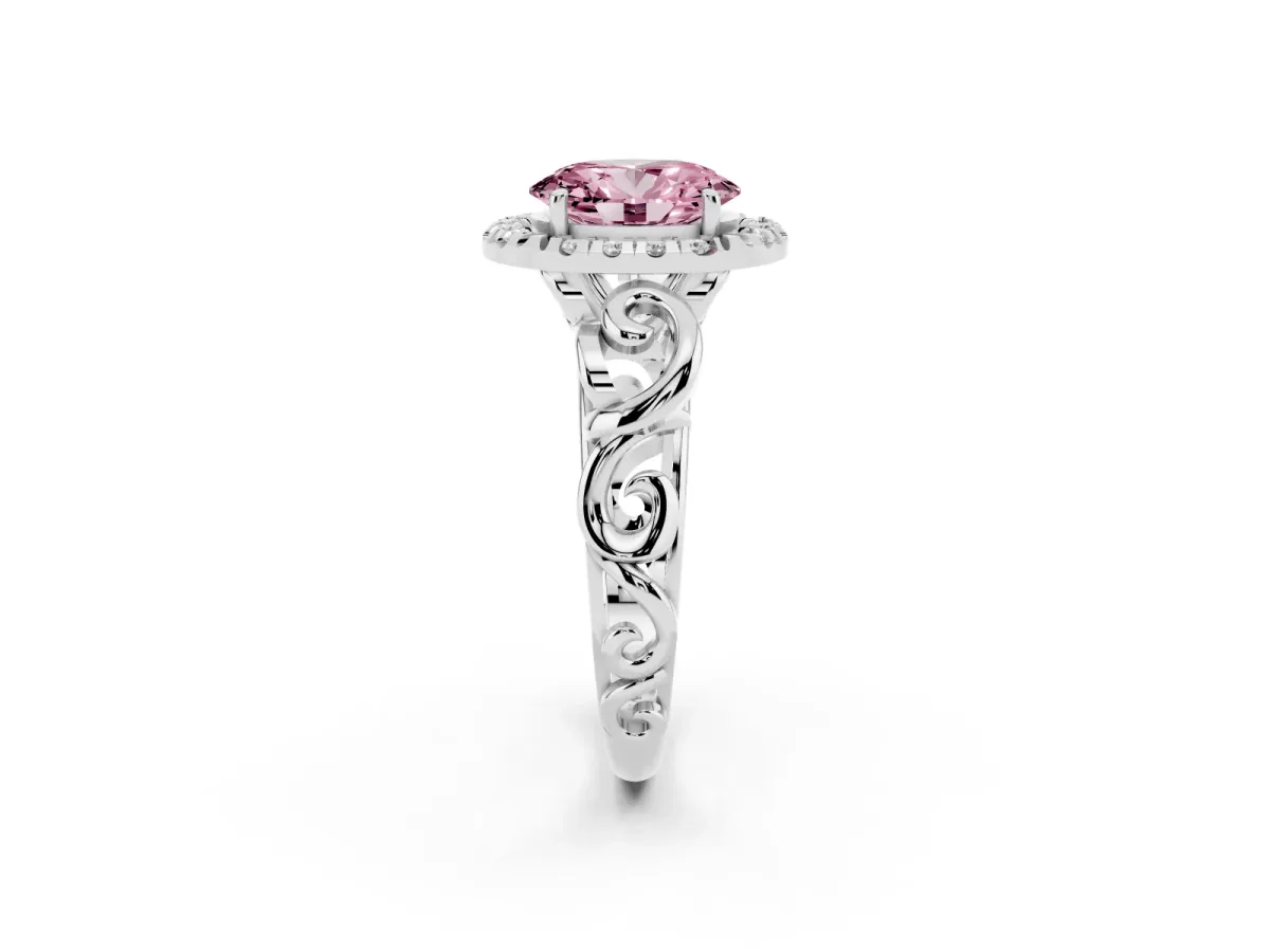 Fancy Pink Oval Cut Cut Halo Diamond Ring with Scrollwork Band and Four-Prong Setting Platinum