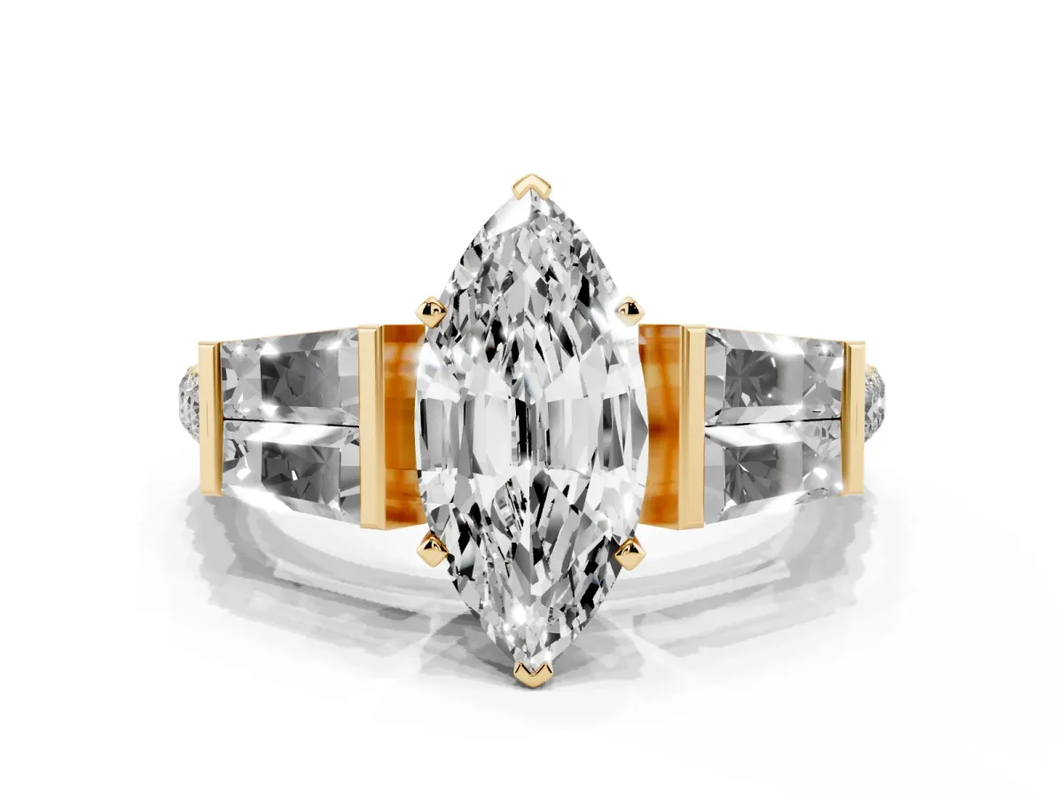 Marquise Cut Diamond Engagement Ring with Baguette Side Stones and Channel Set Band Yellow gold
