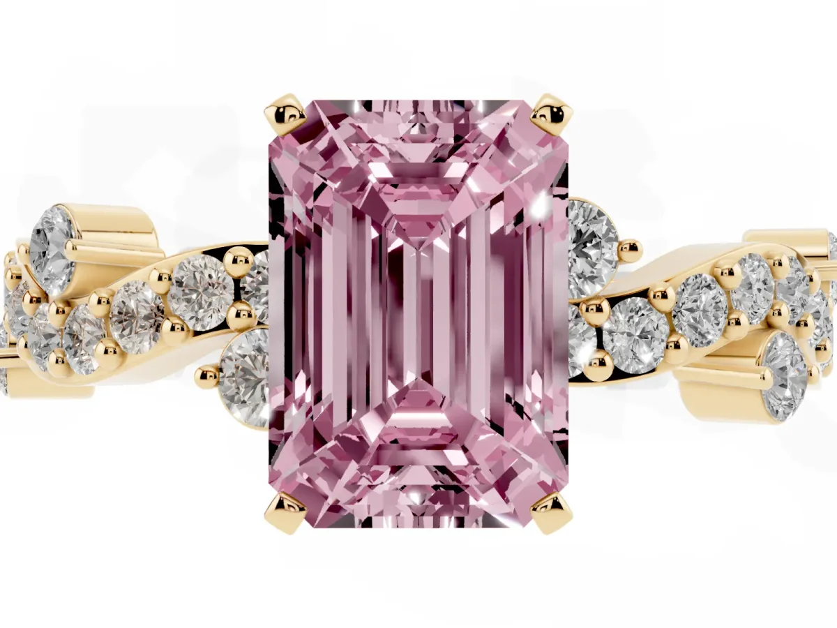 Fancy Pink Emerald Cut Cut Solitaire Diamond Twisted Band with Pave Setting Yellow gold