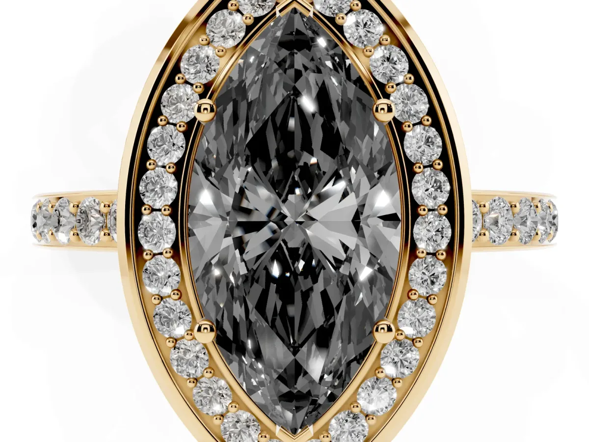 Fancy Black Marquise Cut Diamond Halo Ring with Bezel Frame and Pavé Band Yellow gold
