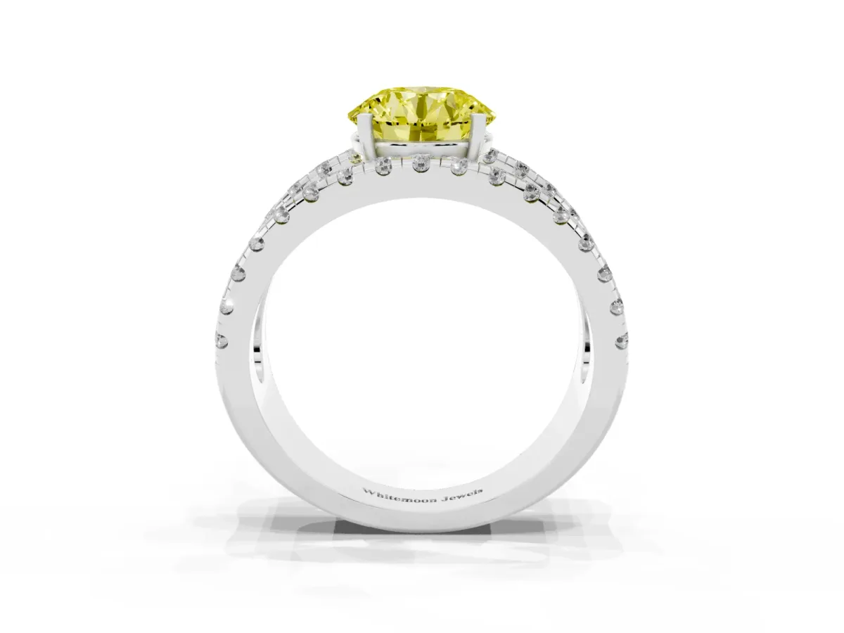 Fancy Yellow Round Cut Solitaire Split Shank Pave Diamond Ring Silver