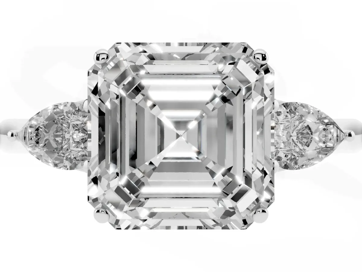 Three-Stone Asscher Cut Diamond Ring with Pear Side Stones in Four-Prong Setting Silver