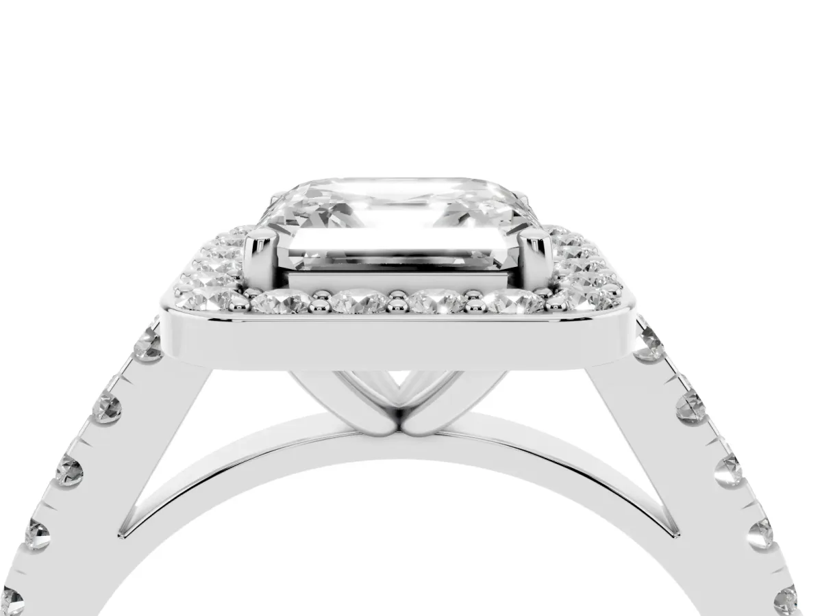 Asscher Cut Diamond Halo Ring with Round Pavé Split Shank and Prong Setting Silver
