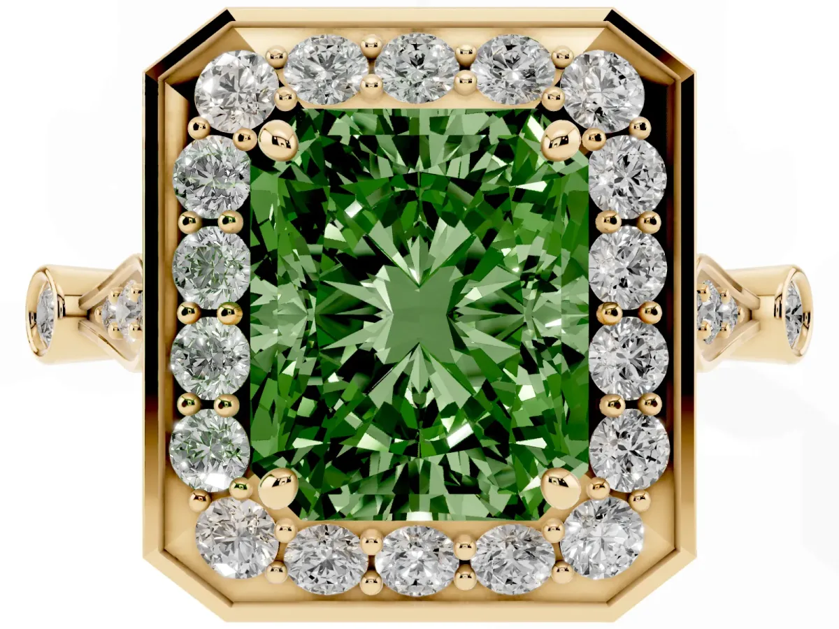 Fancy Green Radiant Cut Halo Diamond Engagement Ring with Twisted Band and Four-Prong Setting Yellow gold