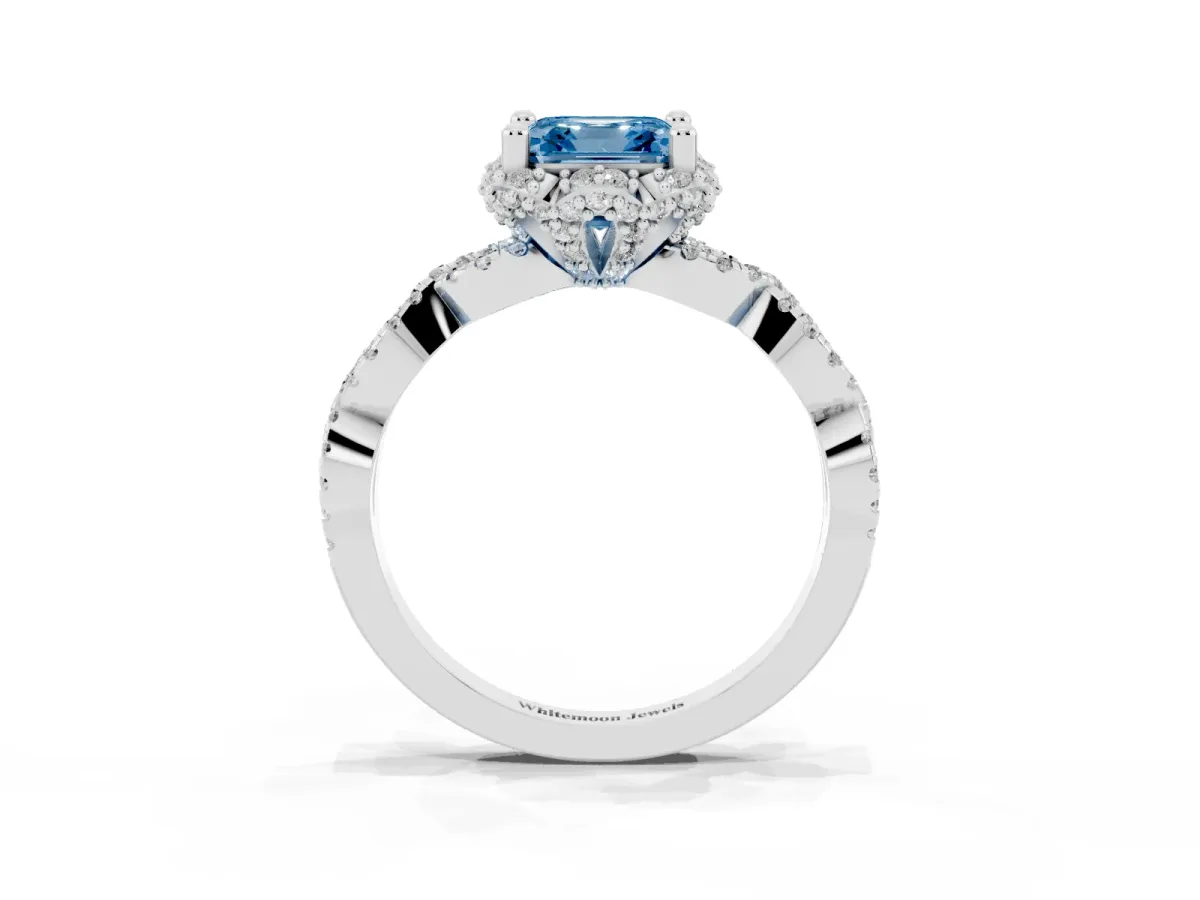 Fancy Blue Asscher Cut Halo Twist Band Solitaire Ring with Six-Prong Setting Silver