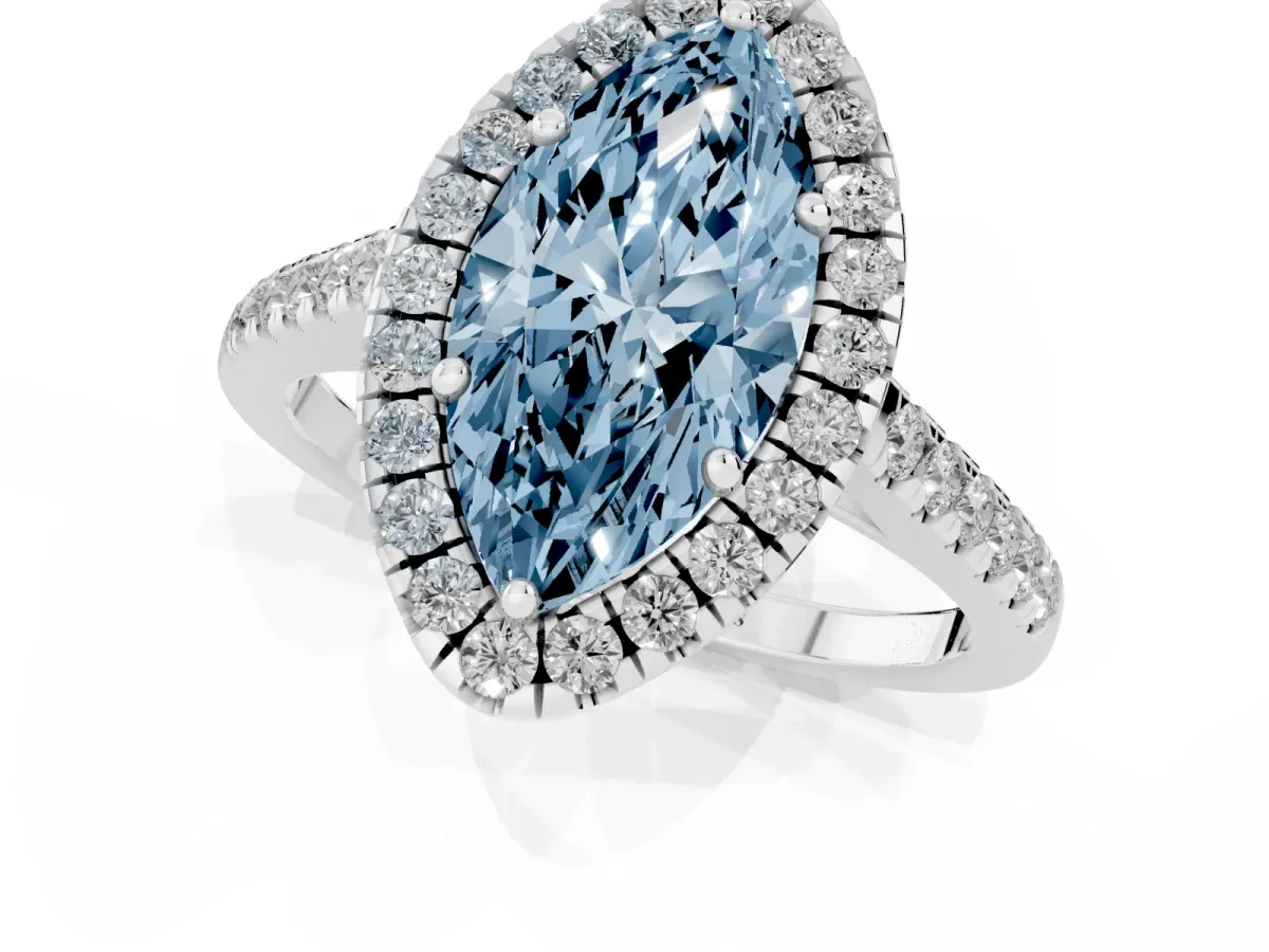 Fancy Blue Marquise Cut Halo Pavé Diamond Engagement Ring with Four-Prong Setting Platinum