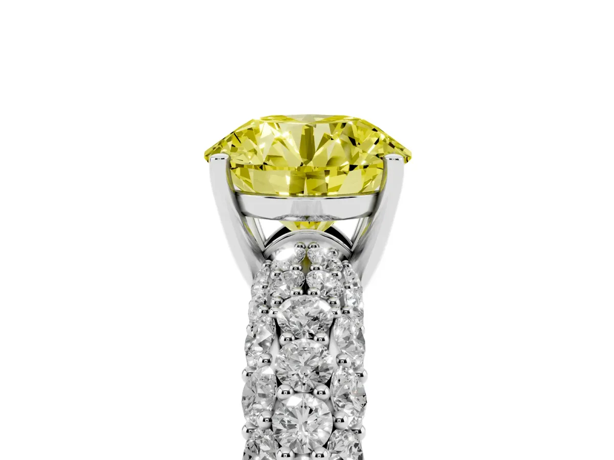 Fancy Yellow Round Cut Diamond Pavé Band Solitaire Ring with Four-Prong Setting Platinum
