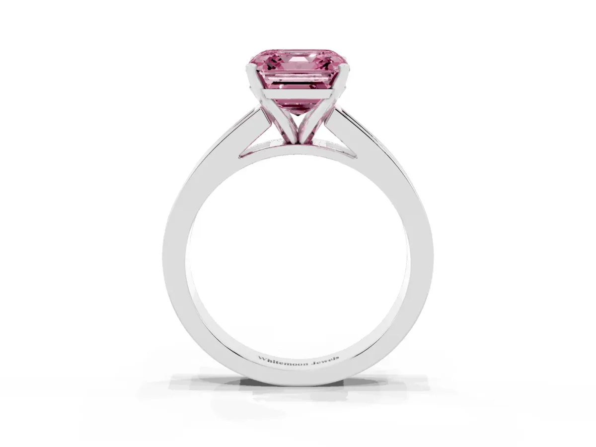 Fancy Pink Asscher Cut Solitaire Diamond Ring with Channel-Set Band and Four-Prong Setting Platinum