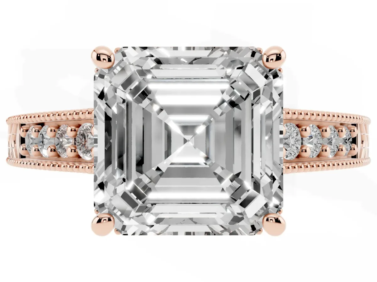 Asscher Cut Solitaire Pavé Diamond Milgrain Engagement Ring with Four-Prong Setting Rose gold