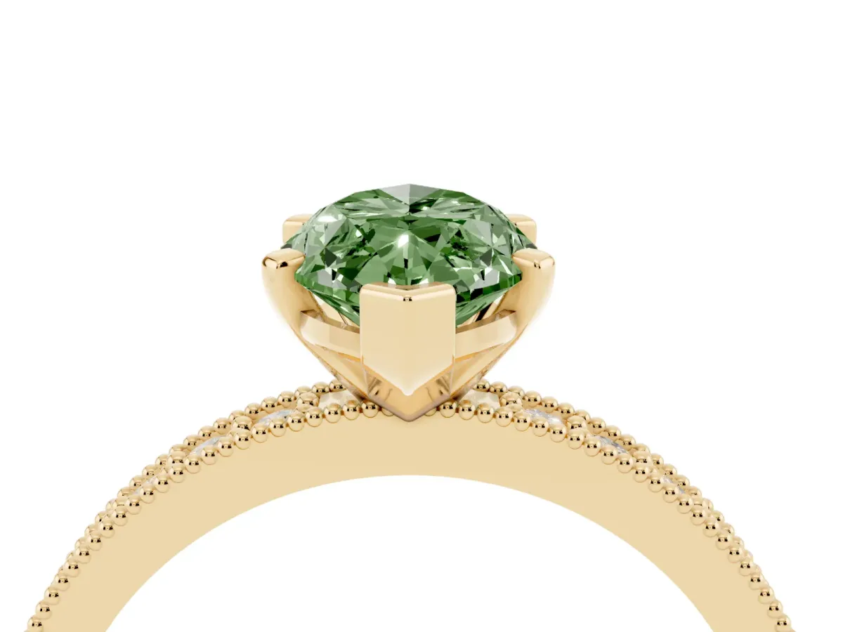 Fancy Green Marquise Cut Diamond Milgrain Pavé Engagement Ring with Four-Prong Setting Yellow gold