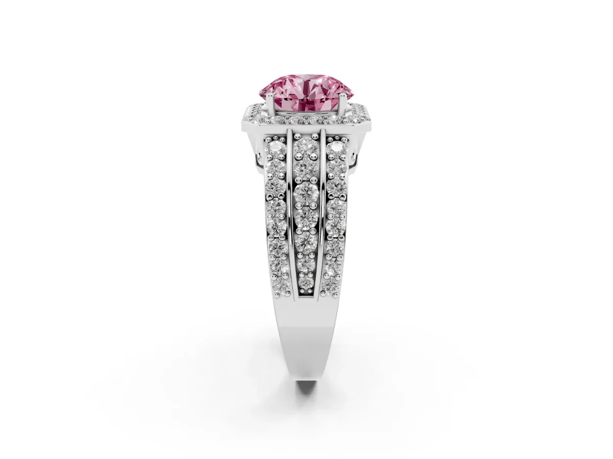 Fancy Pink Round Cut Halo Diamond Ring with Round Split Shank and Prong Setting Platinum