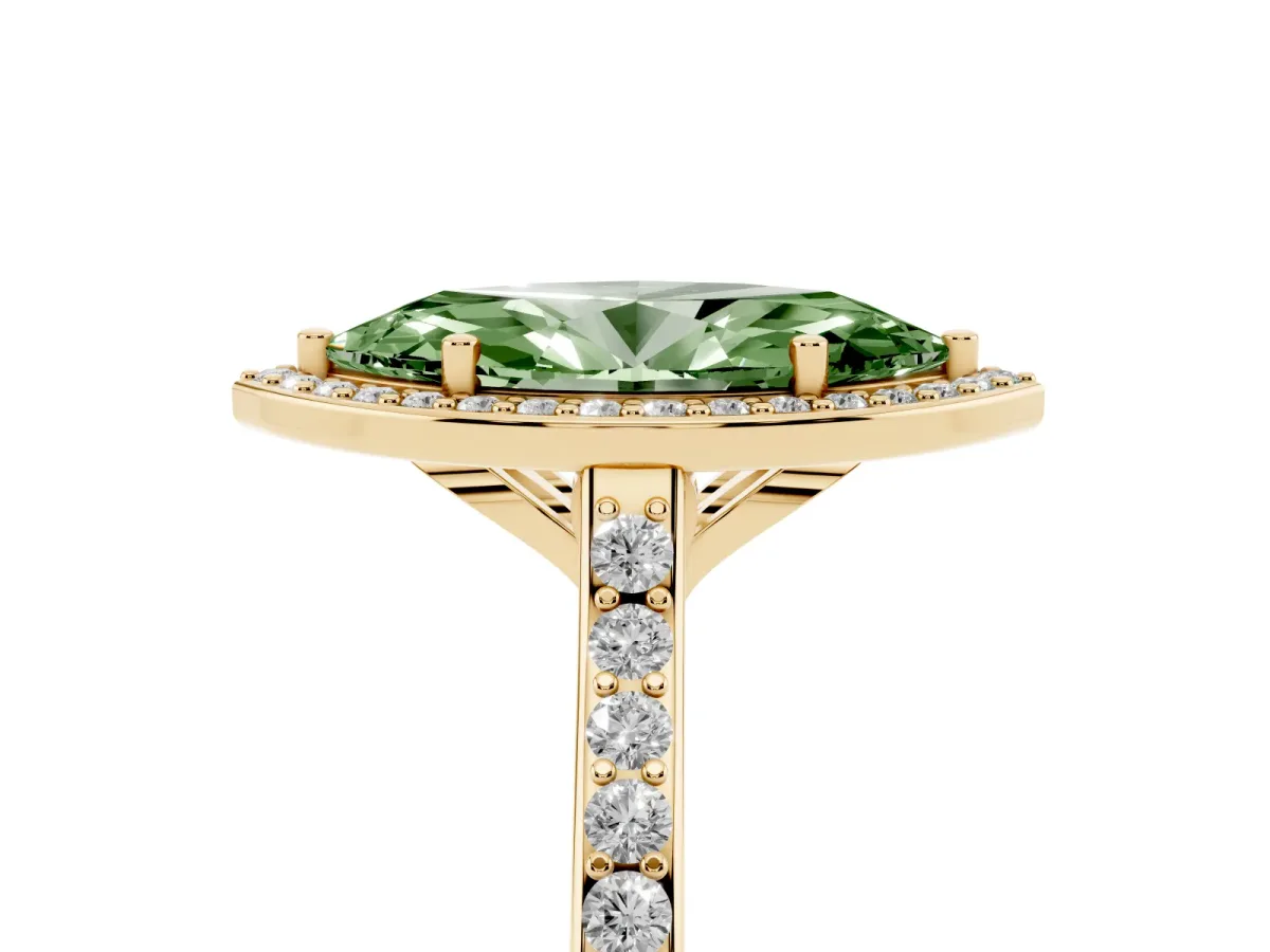Fancy Green Marquise Cut Diamond Halo Engagement Ring with Round Pavé Shoulders and Prong Setting Yellow gold