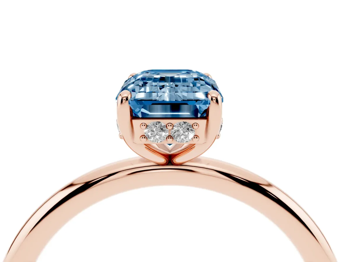 Fancy Blue Emerald Cut Solitaire Diamond Ring with a Classic Band and Four-Prong Setting Rose gold