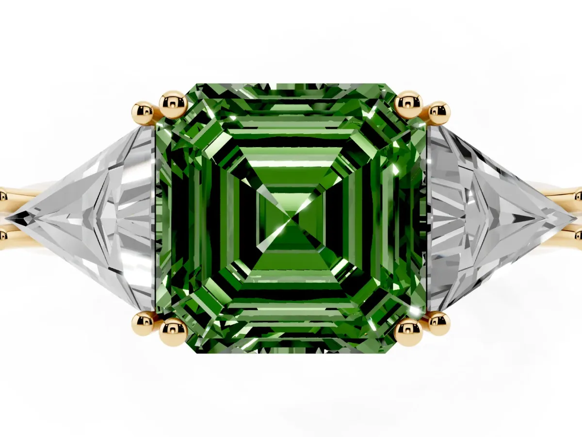 Fancy Green Three-Stone Asscher Cut Diamond Engagement Ring with Trillion Side Stones and Prong Setting Yellow gold