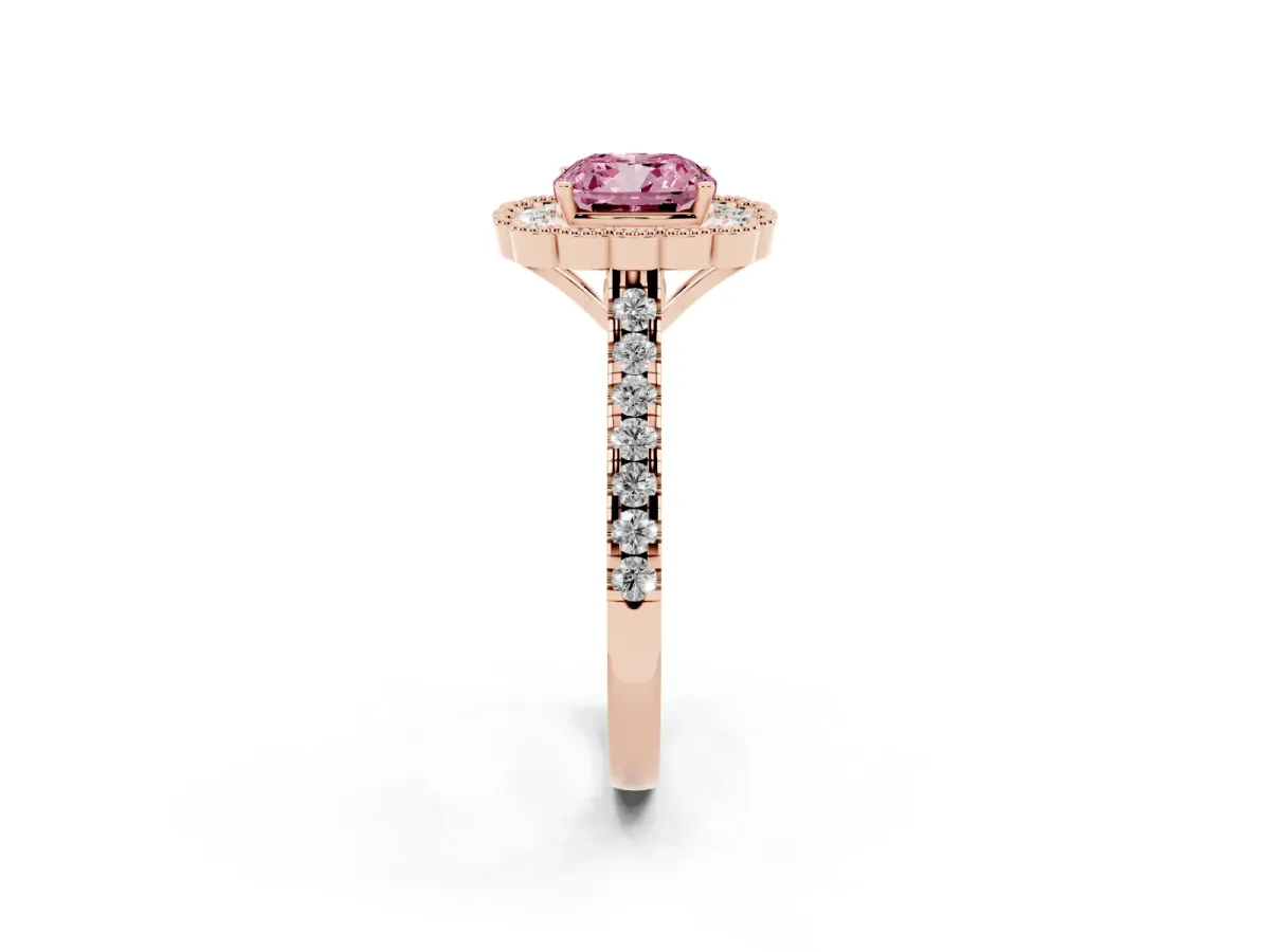 Fancy Pink Cushion Cut Cut Diamond Milgrain Floral Halo Engagement Ring with Pavé Band Rose gold