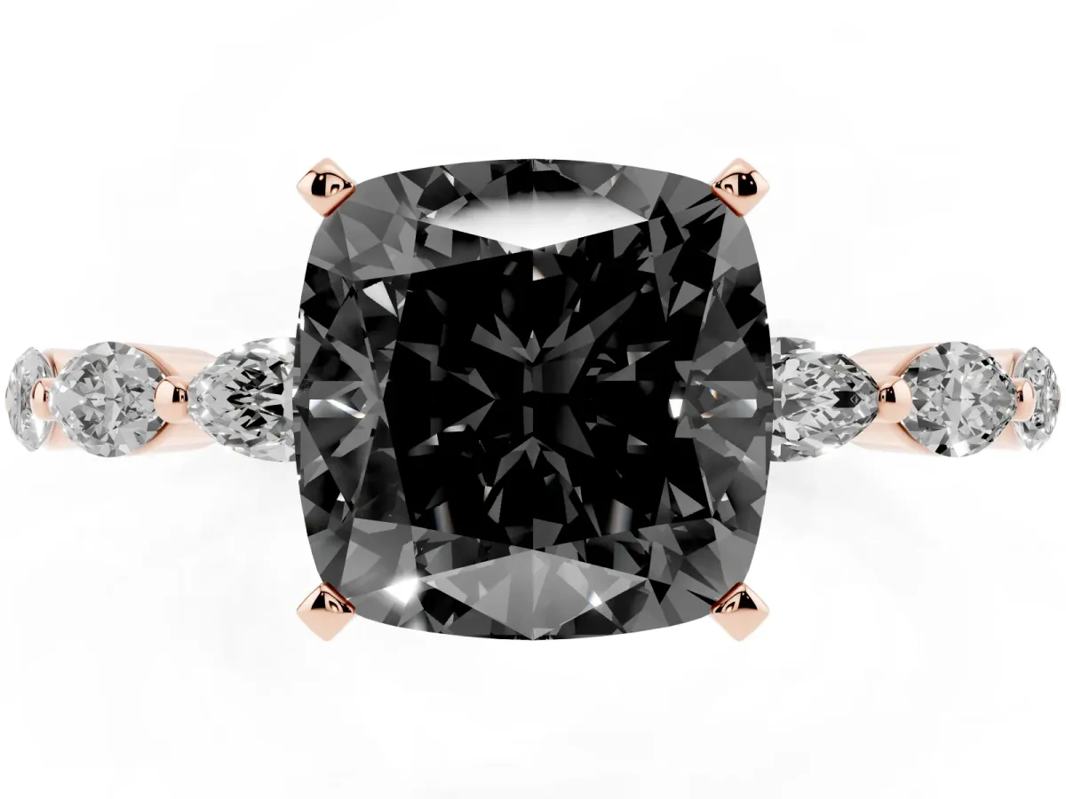 Fancy Black Cushion Cut Diamond Ring with Marquise Side Stones and Prong Setting Rose gold