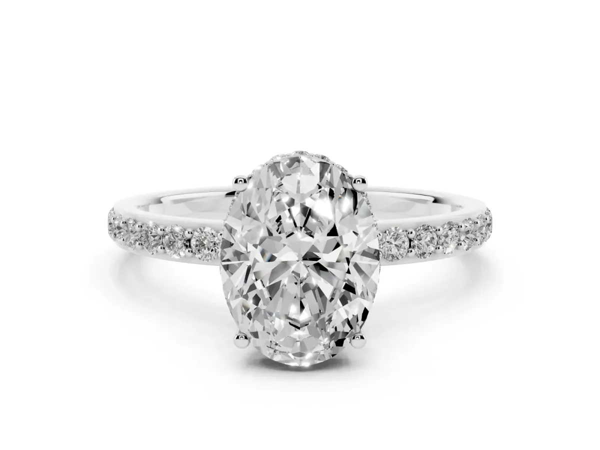 Oval Cut Diamond Solitaire Ring with Pavé Band and Hidden Halo Silver