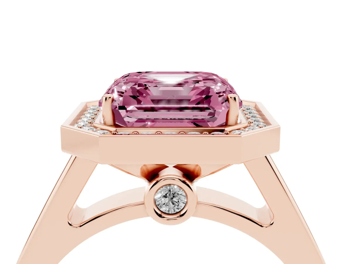 Fancy Pink Asscher Cut Halo Solitaire Diamond Ring with Pave Band and Bezel Setting Rose gold