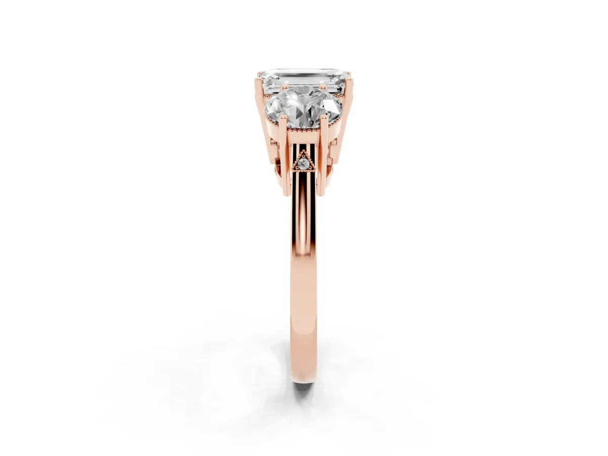 Three-Stone Emerald Cut Diamond Engagement Ring with Prong Setting on a Classic Band Rose gold