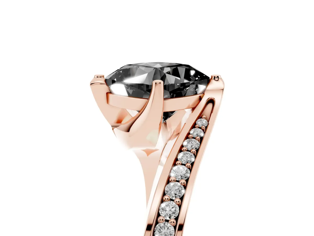 Fancy Black Cushion Cut Solitaire Diamond Twist Band with Pavé Setting and Four-Prong Setting Rose gold