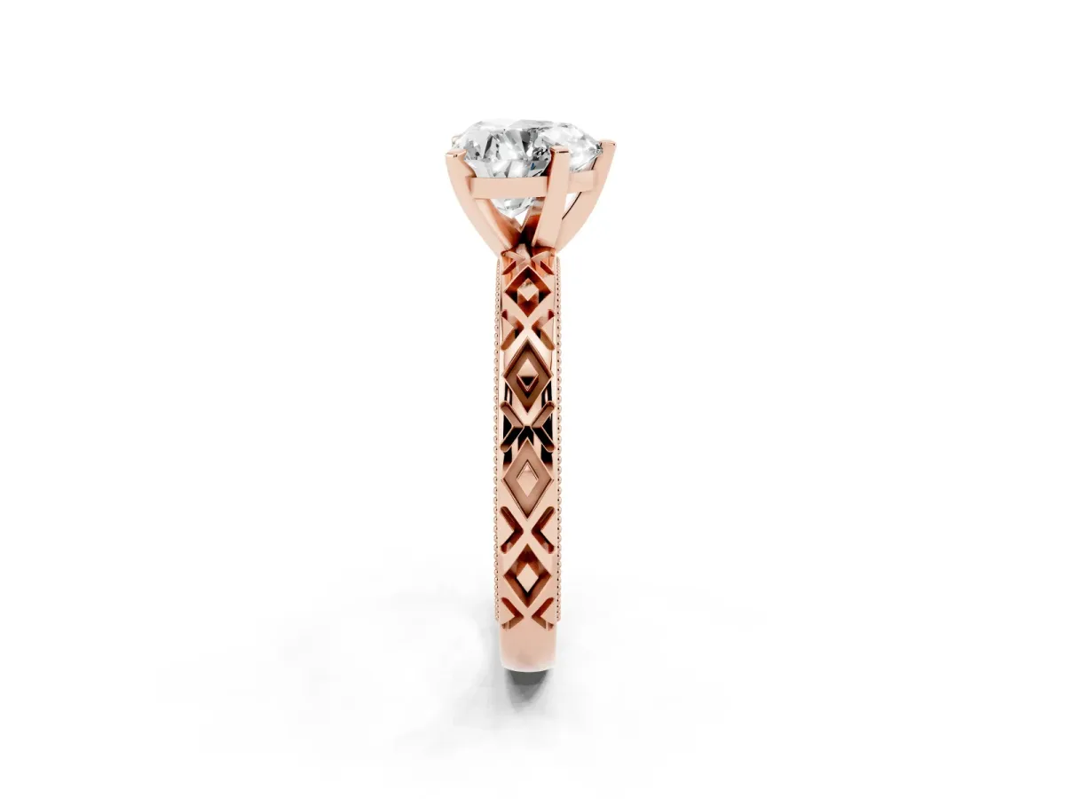 Heart Cut Solitaire Diamond Ring with Milgrain and Black Enamel X Pattern Band Rose gold