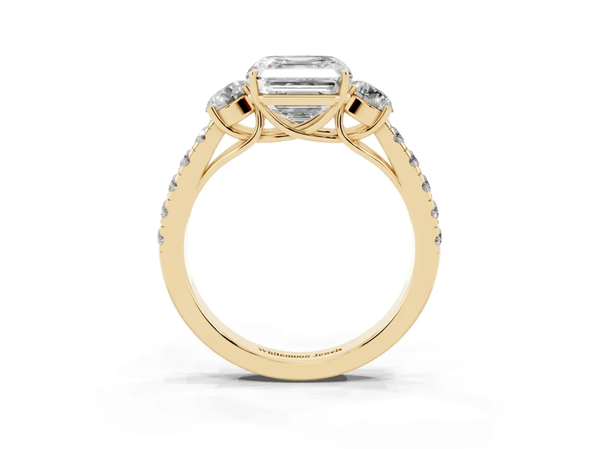 Asscher Cut Cut Diamond Three-Stone Ring with Round Side Stones and Pavé Band Yellow gold