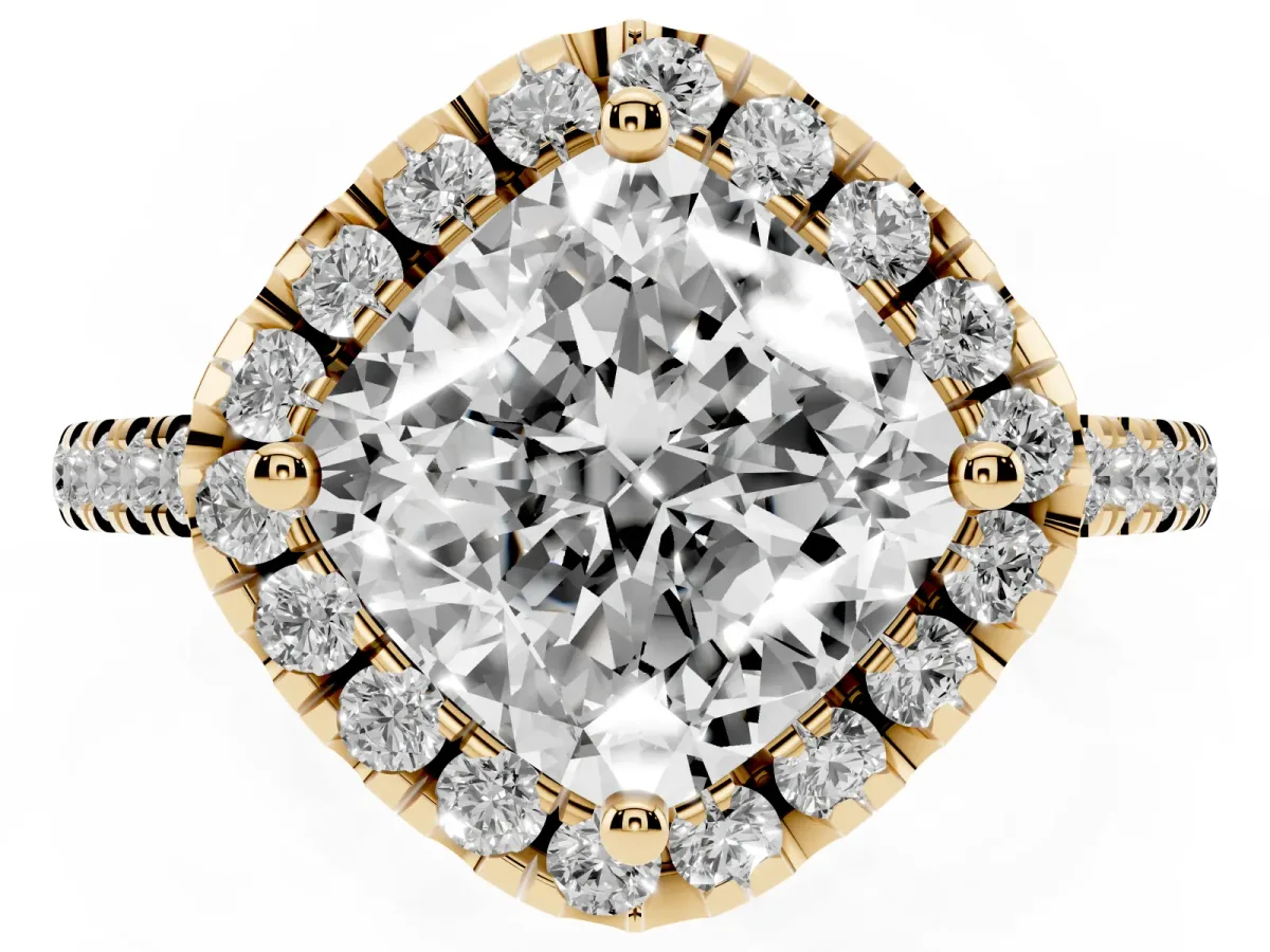 Cushion Cut Diamond Cushion Halo Ring with Pavé Band Yellow gold
