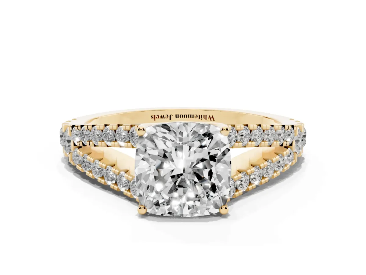 Cushion Cut Diamond Split Shank Pavé Engagement Ring with Four-Prong Setting Yellow gold