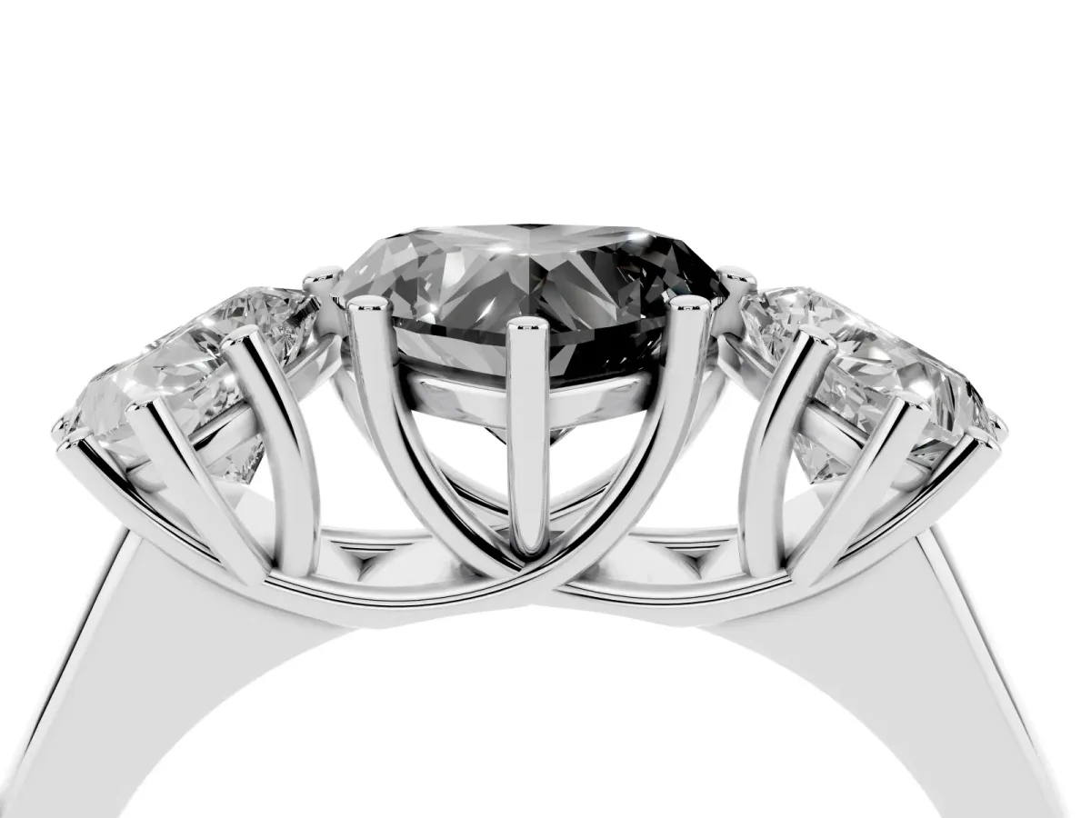 Fancy Black Heart Cut Three-Stone Diamond Ring with Prong Setting on a Classic Band Silver