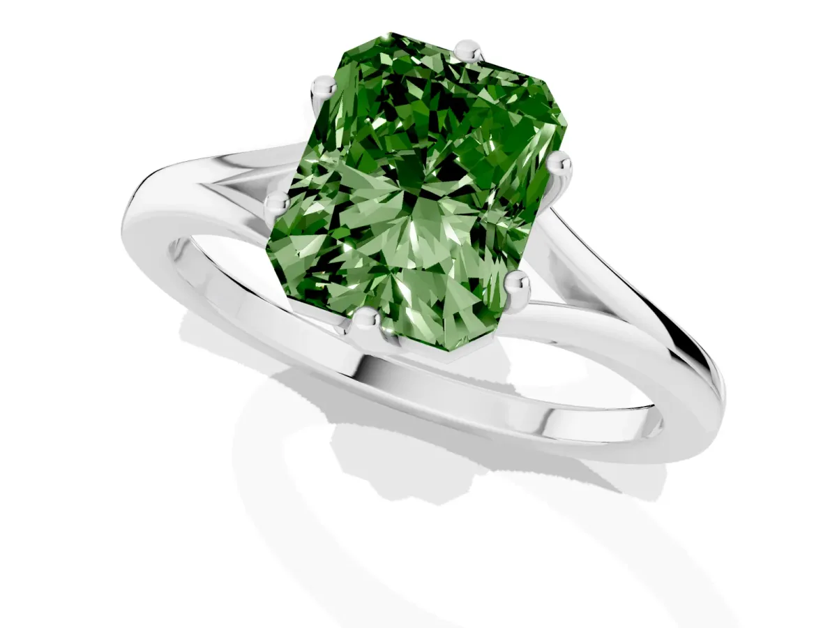 Fancy Green Radiant Cut Solitaire Diamond Ring with Six-Prong Setting and Tapered Band Silver