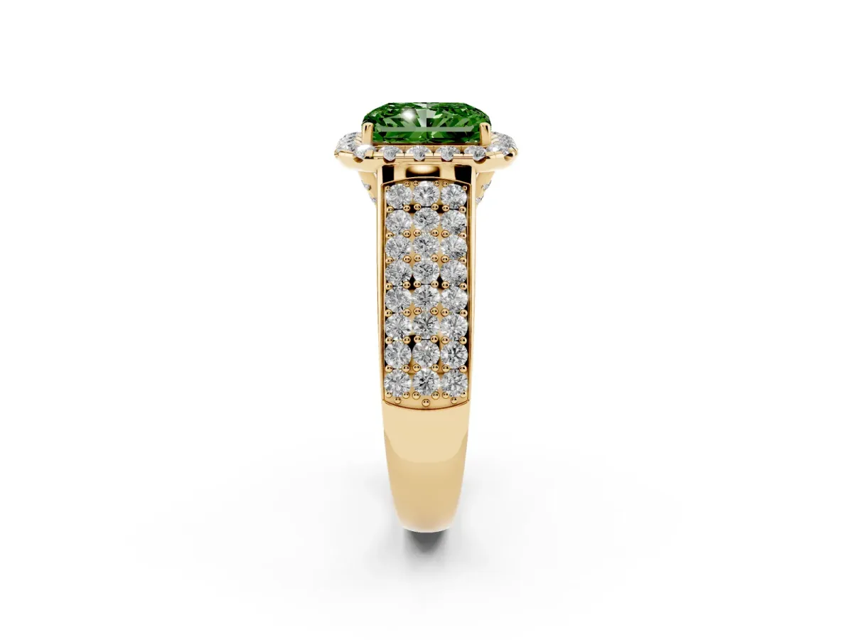 Fancy Green Radiant Cut Halo Round Diamond Pave Band with Prong Setting Yellow gold