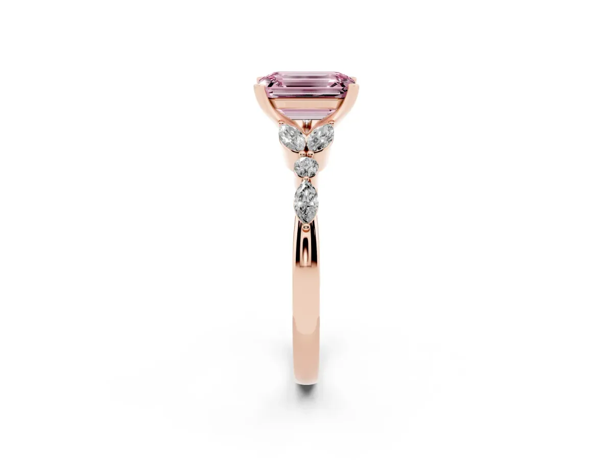 Fancy Pink Emerald Cut Diamond Solitaire Ring with Side Stones and Four-Prong Setting Rose gold