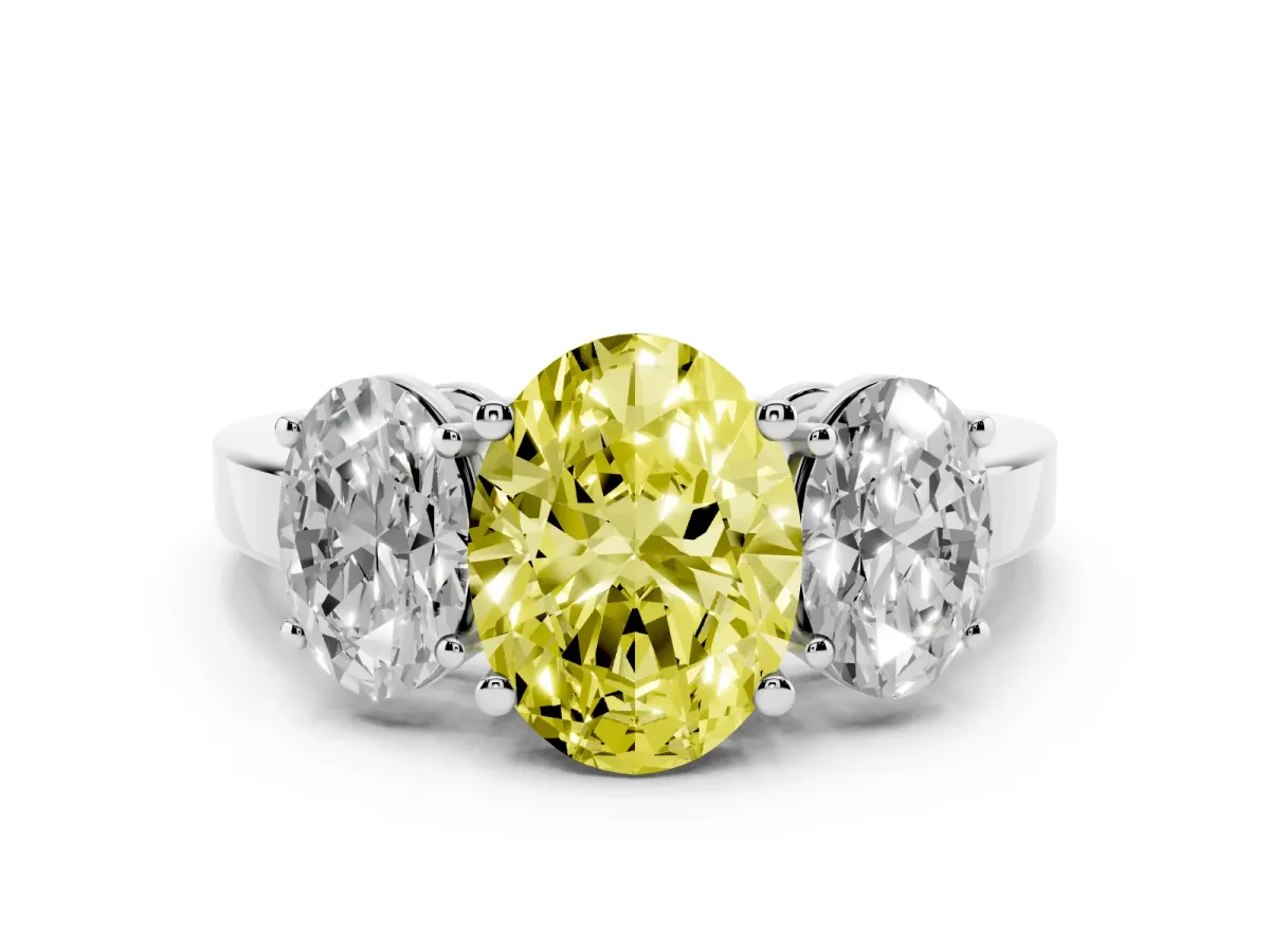 Fancy Yellow Three-Stone Oval Cut Cut Diamond Engagement Ring with Flat Band and Four-Prong Setting Silver