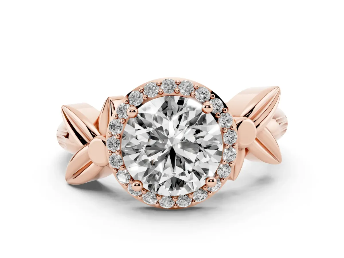 Round Cut Halo Diamond Floral Band with Four-Prong Setting Rose gold