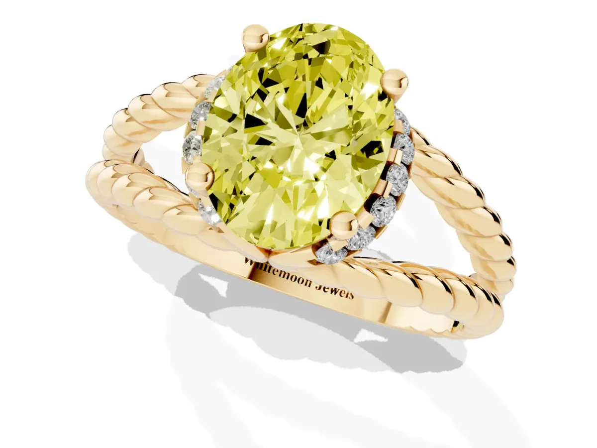 Fancy Yellow Oval Cut Halo Twisted Band Four-Prong Ring Yellow gold