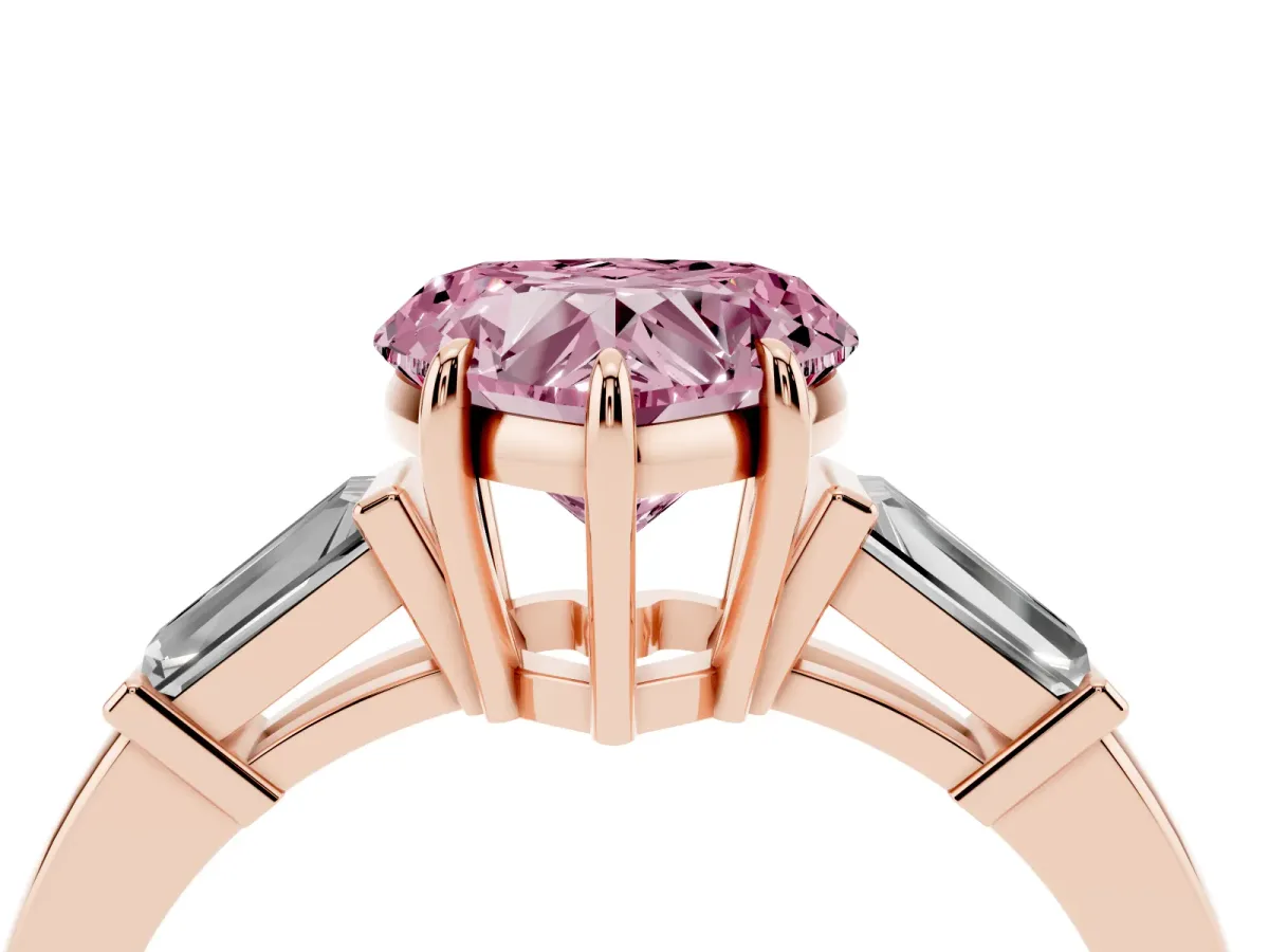 Fancy Pink Heart Cut Diamond Three-Stone Ring with Tapered Baguette Side Stones and Prong Setting Rose gold