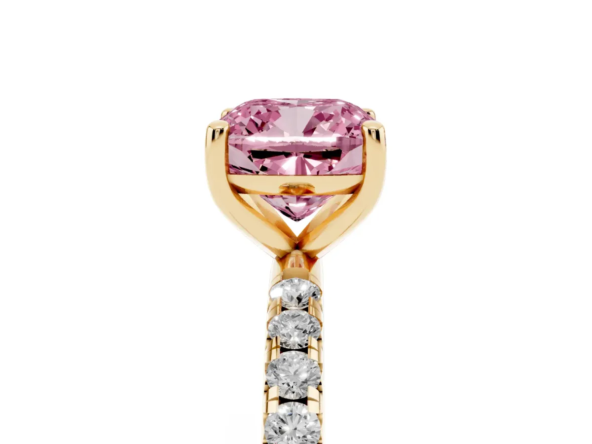 Fancy Pink Cushion Cut Cut Diamond Solitaire Ring with Micro Pave Band and Four Prong Setting Yellow gold