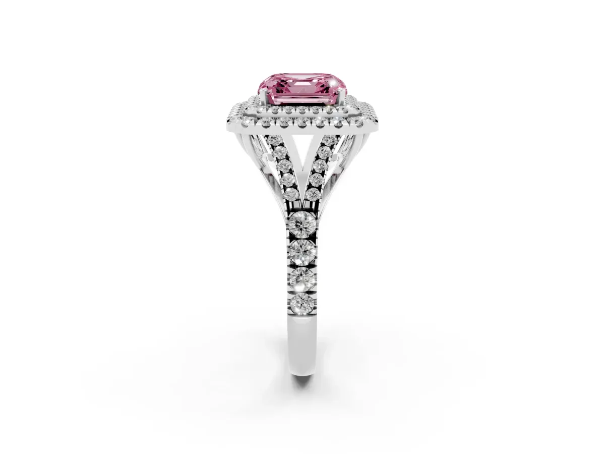 Fancy Pink Asscher Cut Cut Double Halo Split Shank Diamond Ring with Prong Setting Platinum