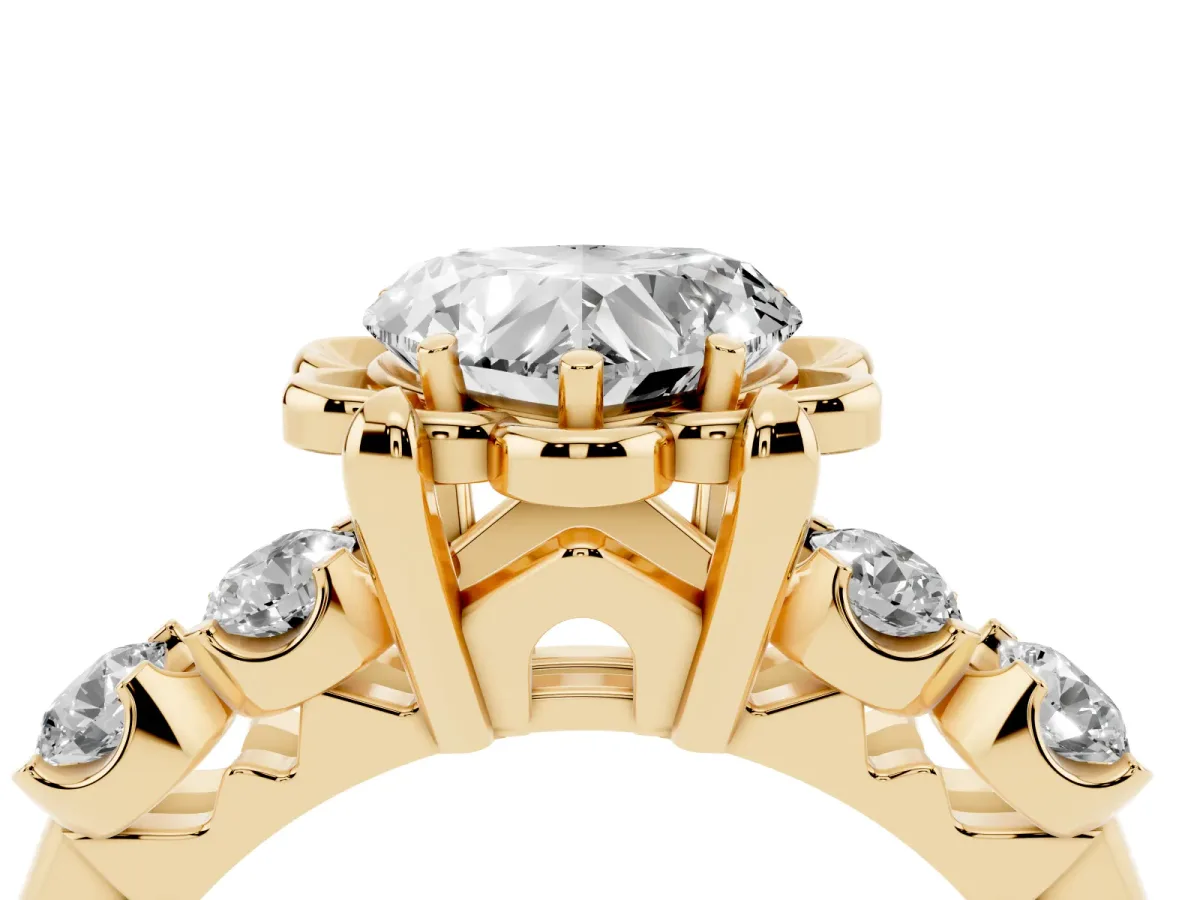 Heart Cut Cut Diamond Floral Halo Engagement Ring with Shared Prong Setting Yellow gold