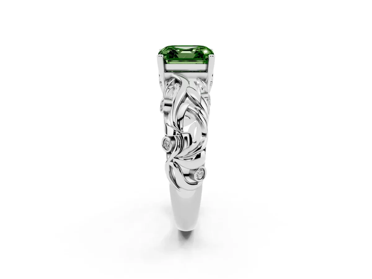 Fancy Green Asscher Cut Solitaire Diamond Leaf-Inspired Vine Band Ring with Prong Setting Silver