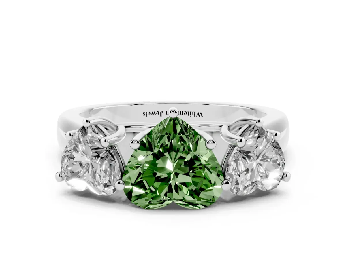 Fancy Green Heart Cut Three-Stone Diamond Ring with Prong Setting on a Classic Band Silver