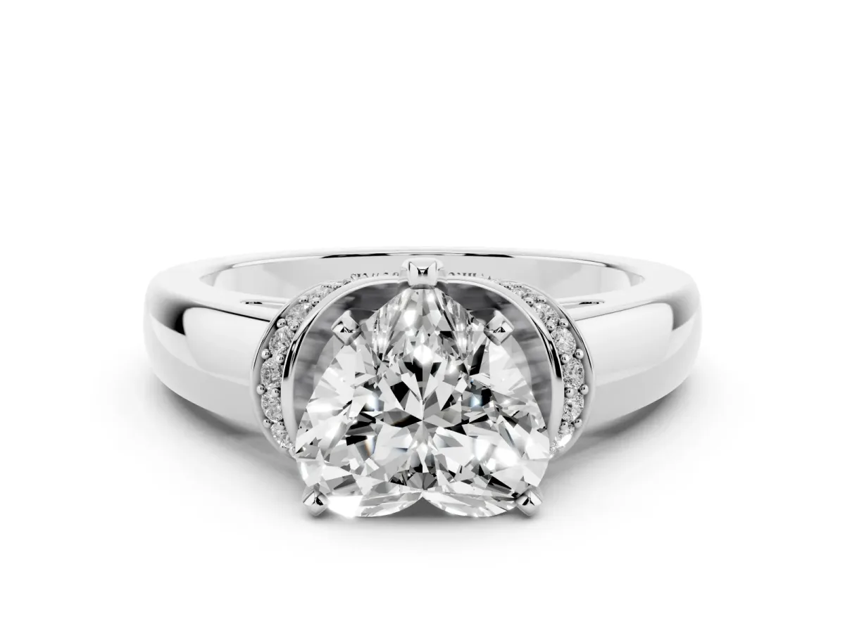 Heart Cut Solitaire Diamond Ring with Pave Band and Six-Prong Setting Silver