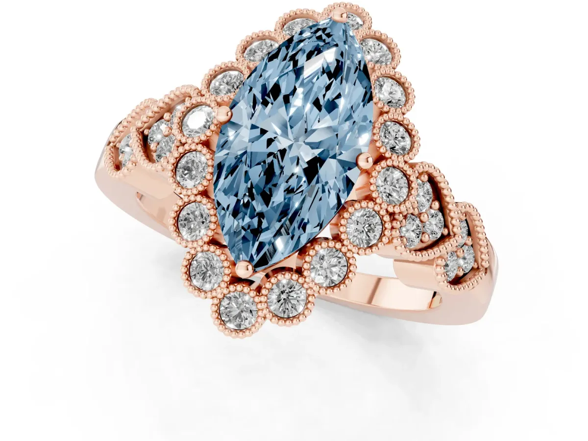 Fancy Blue Marquise Cut Brilliant Milgrain Pave Heart Band Solitaire Ring Rose gold