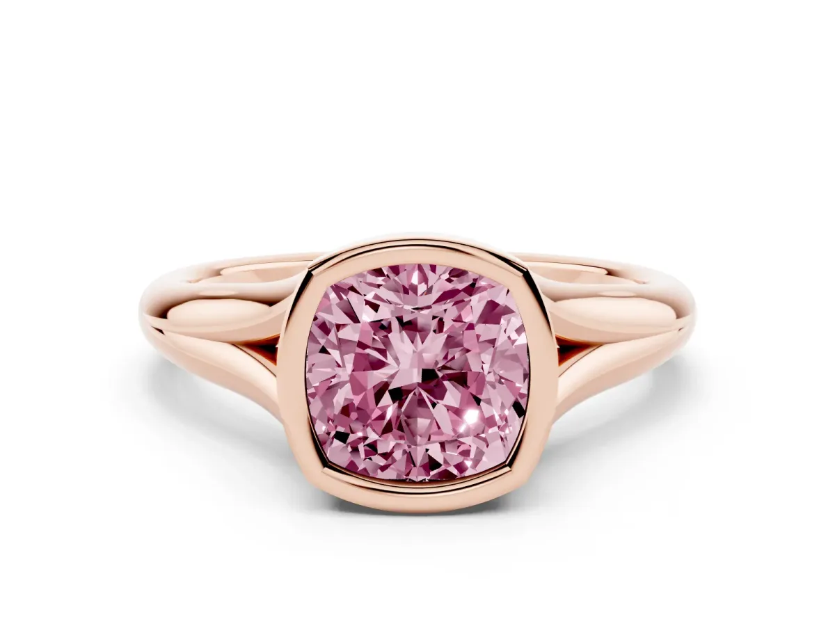 Fancy Pink Bezel Set Cushion Cut Solitaire Diamond Ring with Smooth Band Rose gold